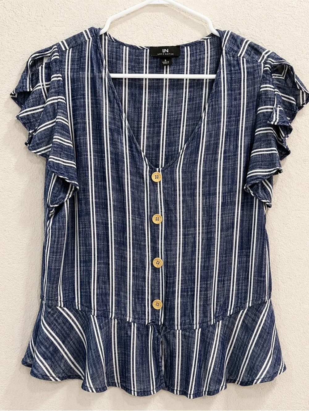 Blue and White Ruffled Blouse with V-Neck